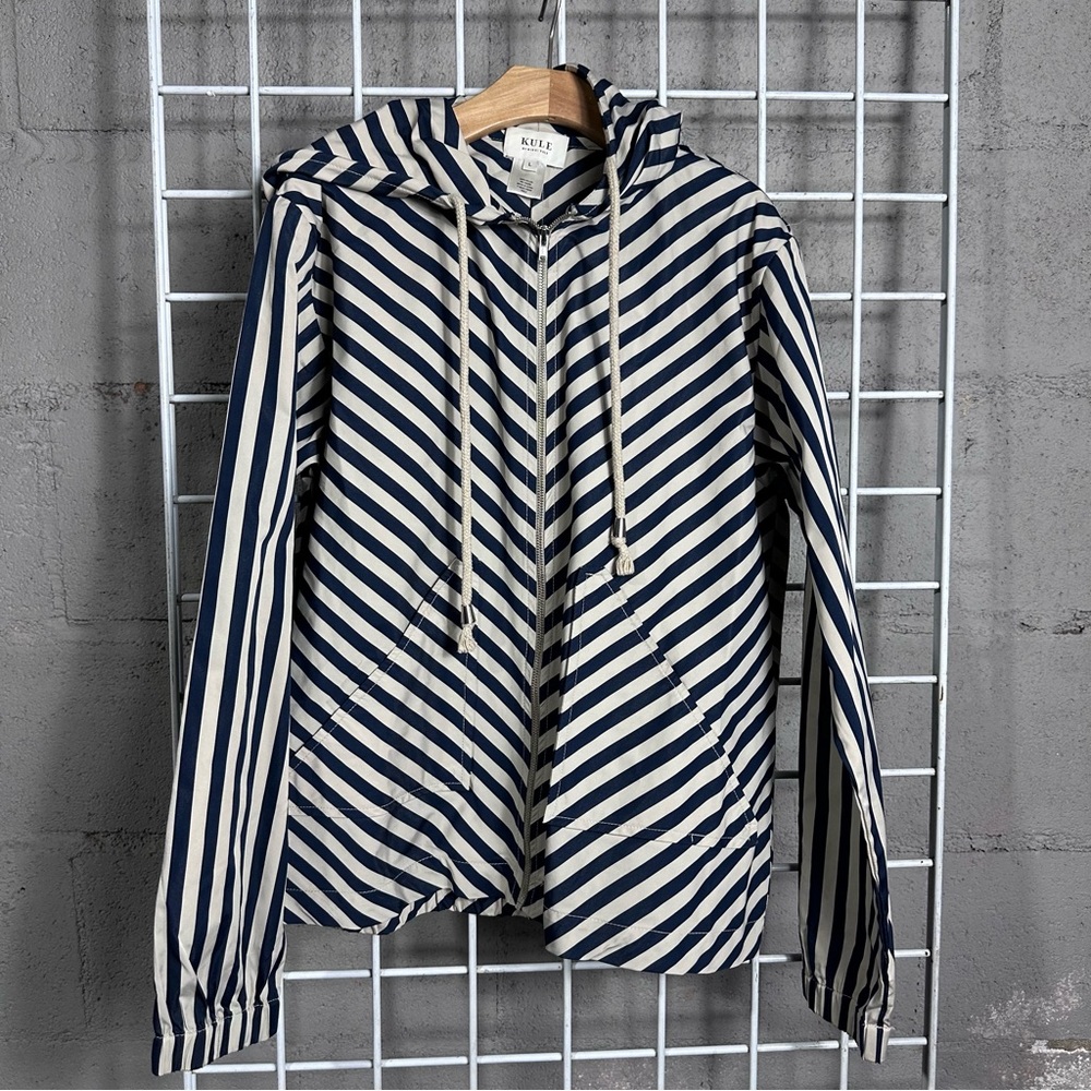 KULE Navy Cream Striped Jacket hoodie full zip‎ windbreaker size large sporty